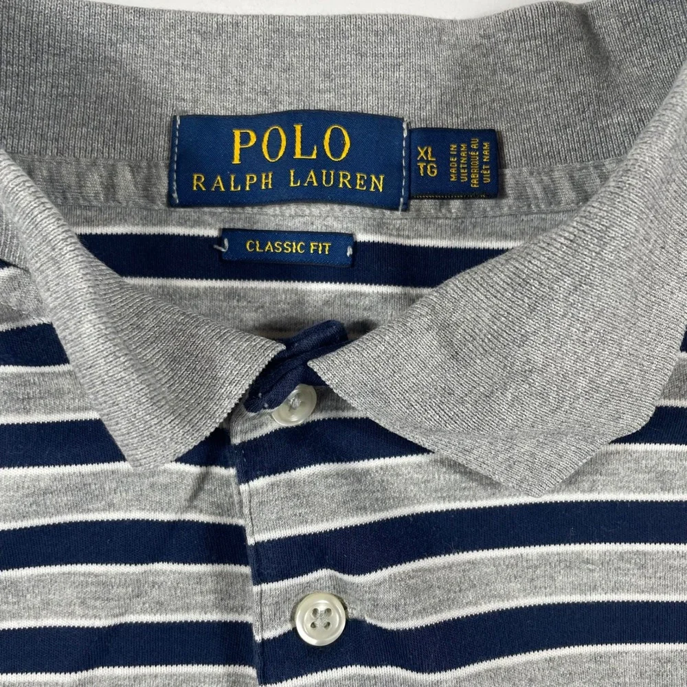 Polo Ralph Lauren Polo Shirt Mens XL Classic Fit Striped Navy Gray Cotton